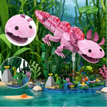 Jeu de construction salamandre rose en briques plastiques translucides et solides avec détails faciaux et branchies