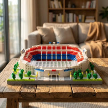 Modèle terminé de jeu de construction stade de football en lego avec sièges rouge blanc bleu et notice dassemblage