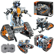 Kit de construction télécommandé 4 en 1 gris et orange en briques plastiques avec batterie rechargeable vendu en magasins de jouets
