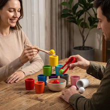 Jeu de tri des couleurs montessori en bois avec tasses et boules colorées disponible en magasins de jouets