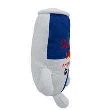 Figurine décorative canette en tissu rouge blanche et bleue représentant une canette de boisson énergisante