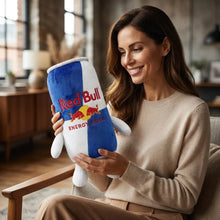 Figurine décorative canette bleue et blanche en peluche red bull avec logo brodé pour décoration intérieure