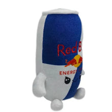 Figurine décorative canette en peluche rouge bleu et blanc avec yeux cartoon et logo brodé style boisson énergisante