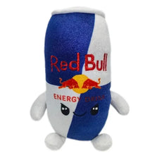Figurine décorative canette en peluche bleu et blanc en forme de canette red bull avec bras, jambes et yeux brodés