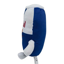 Figurine décorative canette en peluche bleue et blanche en forme de canette red bull avec lettrage rouge