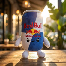 Figurine décorative canette bleu et blanc en peluche style boisson énergisante avec yeux cartoon et jambes
