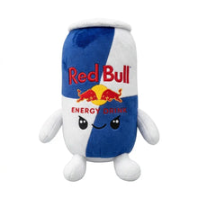 Figurine décorative canette de boisson énergisante rouge et blanc en peluche avec logo brodé bull et yeux cartoon