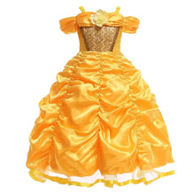 Déguisement cosplay princesse belle robe boule en satin doré avec manches bouffantes et jupe volumineuse à volants