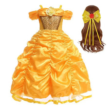 Déguisement cosplay princesse belle robe satin doré avec corsage en dentelle et accessoire cheveux nœud jaune assorti