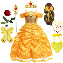 Déguisement cosplay princesse belle en satin doré avec jupe volantée et corsage en dentelle élégant