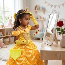 Robe princesse belle en satin jaune avec broderie dorée et sac à sequins cœur pour cosplay princesse belle