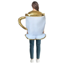 Déguisement fête costume service thé disney en forme de tasse en peluche bleu clair avec bordures et anse dorées