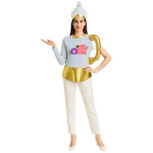 Femme en costume service à thé disney bleu clair à manches longues avec fleurs brodées et pantalon blanc assorti