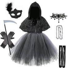 Cape à capuche noire en dentelle avec jupe en tulle transparent et motifs squelettiques pour fêtes costumées halloween ange
