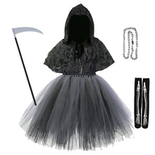 Déguisement halloween ange de la mort avec cape à capuche en dentelle noire et jupe en tulle pour fêtes costumées