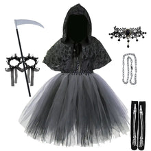 Cape à capuche noire en dentelle avec jupe en tulle gris transparent et accessoires squelette pour fêtes costumées halloween ange