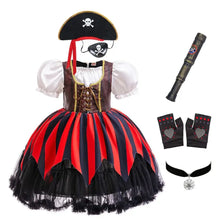 Déguisement halloween pirate fille avec corset marron, manches blanches bouffantes et jupe tutu rayée rouge et noir