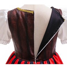 Déguisement halloween pirate fille avec corsage cuir bordeaux riche orné de passepoil doré et manches blanches bouffantes