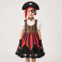 Déguisement halloween pirate fille rayé rouge et noir avec corset marron, manches ballon blanches et jupe tulle en couches