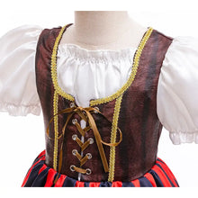 Corset marron en simili cuir orné de bordure dorée avec blouse en satin blanc pour halloween pirate fille