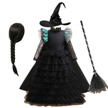 Déguisement halloween sorcière enfant en robe noire à volants avec manches en dentelle et accents bleu sarcelle