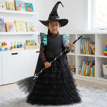Déguisement halloween sorcière enfant robe noire à manches en dentelle et jupe en tulle à volants pour fêtes costumées