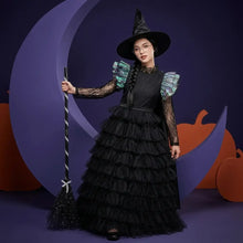 Déguisement halloween sorcière enfant robe noire avec manches en dentelle et jupe tutu à volants verts irisés