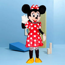 Déguisement mascotte mickey minnie classique en robe rouge à pois blancs avec oreilles noires et chaussures jaunes