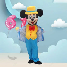 Déguisement mascotte mickey complet avec chapeau jaune, noeud papillon rouge et pantalon bleu pour animation festives
