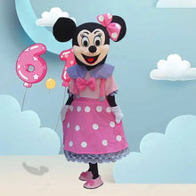 Déguisement mascotte mickey minnie rose à pois avec col violet, dentelle et noeud assorti costume complet