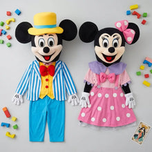 Déguisement mascotte mickey complet avec costumes peluche mickey en costume rayé bleu et minnie en robe rose à pois