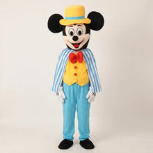 Déguisement mascotte mickey complet avec chapeau jaune, cape rayée bleue et blanche, gilet jaune et nœud papillon rouge