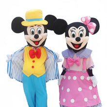 Déguisement mascotte mickey et minnie avec oreilles en peluche, visages brodés, tenue colorée jaune, bleu et rose à pois