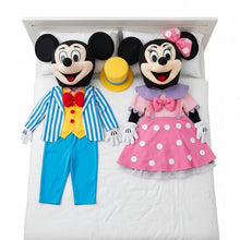 Déguisement mascotte mickey complet avec mickey en veste rayée bleu et blanche et minnie en robe rose à pois