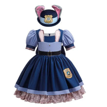 Déguisement pat patrouille robe fille bleu avec chapeau lapin police rose orné dinsigne doré et ceinture noire