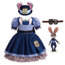 Déguisement pat patrouille robe fille bleu et bleu clair avec oreilles roses ceinture noire et badge brodé