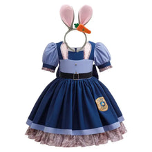 Déguisement pat patrouille robe fille bleue avec manches bouffantes ceinture noire et bordure en dentelle