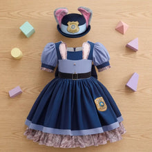 Déguisement pat patrouille robe fille bleu clair avec manches bouffantes, garniture en dentelle et chapeau assorti rose et or