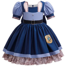 Déguisement pat patrouille robe fille bleue et bleu clair à manches ballon avec ceinture noire et badge brodé