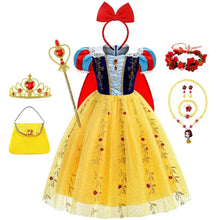 Déguisement princesse blanche-neige en tulle jaune avec accents bleus et rouges, broderie feuille dor et serre-tête rouge assorti