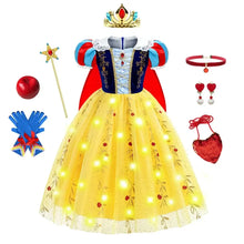 Déguisement princesse blanche-neige en tulle jaune avec accents bleus rouges, pommes brodées et led intégrées