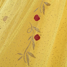Tissu en tulle jaune avec feuille dorée pailletée et broderie pomme rouge pour déguisement princesse blanche-neige