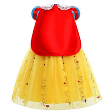 Déguisement princesse blanche-neige avec corsage satin rouge, manches bouffantes bleues, col dentelle blanc, jupe tulle jaune brodée