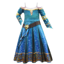Déguisement princesse brave rebelle avec robe bleue épaules dénudées à étoiles et accents dorés et bruns