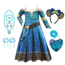 Robe déguisement princesse brave rebelle bleue pailletée avec motifs étoilés et ceinture marron à boucle dorée