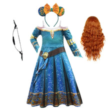 Robe déguisement princesse brave rebelle bleue à motifs étoilés avec bordure dorée et ceinture marron
