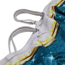 Maillot de bain galaxie bleu et jaune avec bretelles blanches réglables pour déguisement princesse brave rebelle
