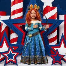 Déguisement princesse brave rebelle bleu étoilé avec bordure dorée et serre-tête assorti pour fille