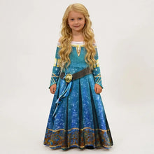 Déguisement princesse brave rebelle bleu et or avec texture pailletée manches épaules dénudées motif étoilé et broderie détaillée