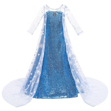 Déguisement princesse elsa diamant bleu à sequins avec voile blanc transparent et motifs flocons, inspiré d elsa diamant